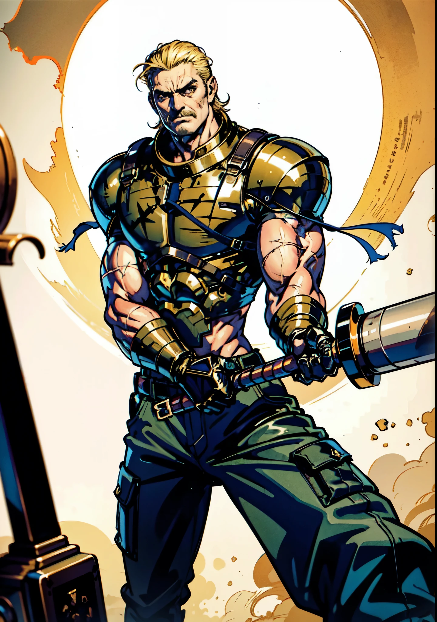 (masterpiece:1.2, best quality, extremely delicate, perspective, foreshortening, dynamic angle), a middle-aged man with slicked-back golden hair, a dignified face, deep eyes, a mustache on his upper lip, a focused expression, tall and muscular, covered in scars, fantasy-reality style warrior leather armor, ribbons tied around his arms, black iron bracers, dark cargo pants, holds a long-handled greatsword with both hands, standing guard in front of a fortress gate, this character embodies a finely crafted fantasy-realist style warrior in anime style, exquisite and mature manga art style, dramatic, high definition, highres, ultra-detailed, ultra-fine painting, professional, perfect body proportions, golden ratio, anatomically correct, symmetrical face, extremely detailed eyes and face, high quality eyes, creativity, RAW photo, UHD, 32k, Natural light, cinematic lighting, masterpiece-anatomy-perfect