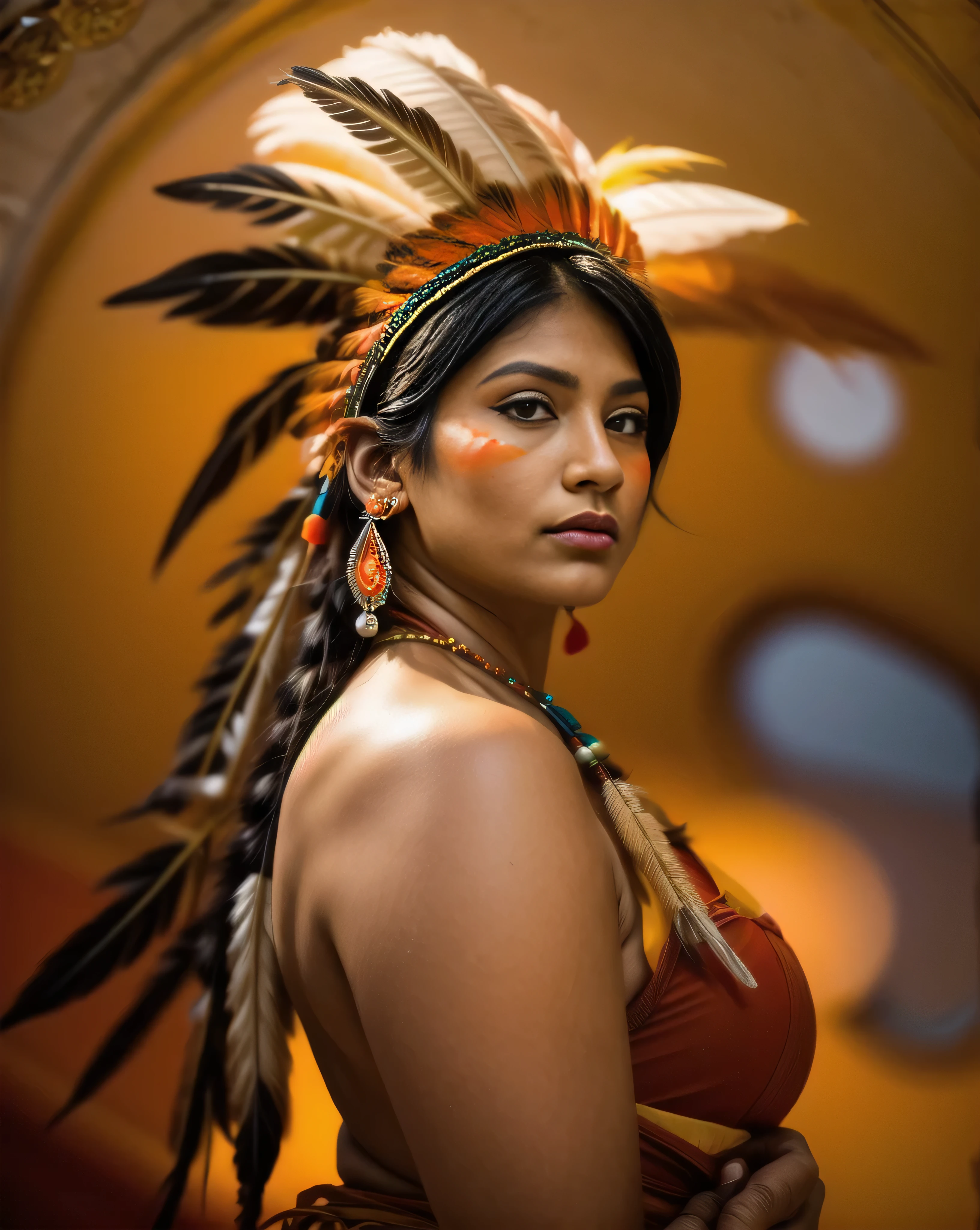 Beautiful Cherokee Indian woman with beautiful terracotta colored headdresses, blackw, doradas, cobre, Pearl, white and beige, feathers made of bright neon of various colors, flares on camera, bokeh, full moon night
