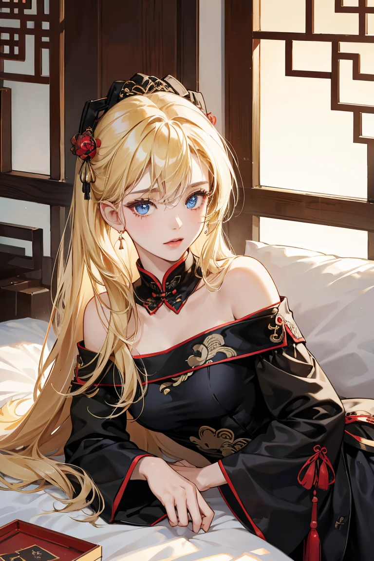 1girl, 30 years old, chinese maid, old chinese dress, black dress, off-the-shoulder, blonde hair, long hair, blonde, blue eyes, sexy, seductive,