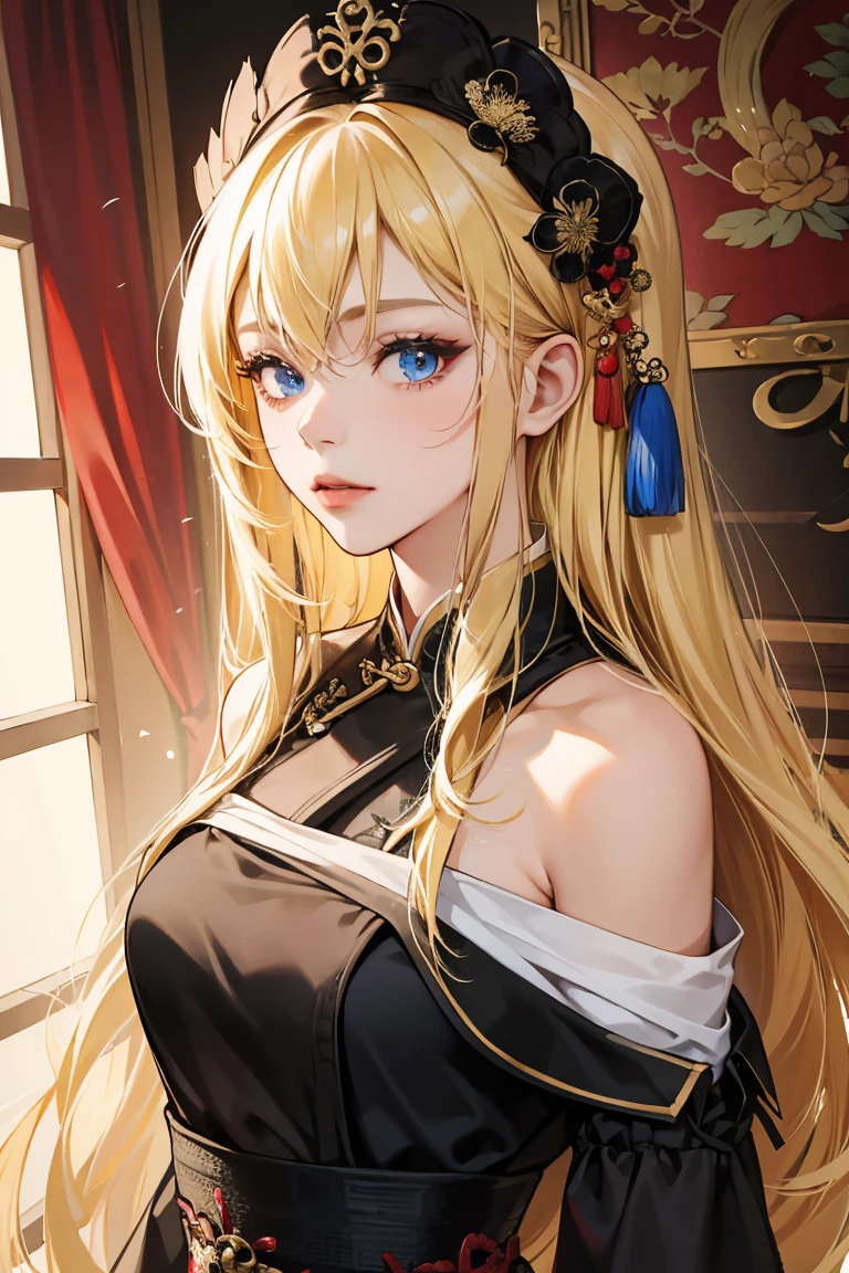 1girl, 30 years old, chinese maid, old chinese dress, black dress, off-the-shoulder, blonde hair, long hair, blonde, blue eyes, sexy, seductive,