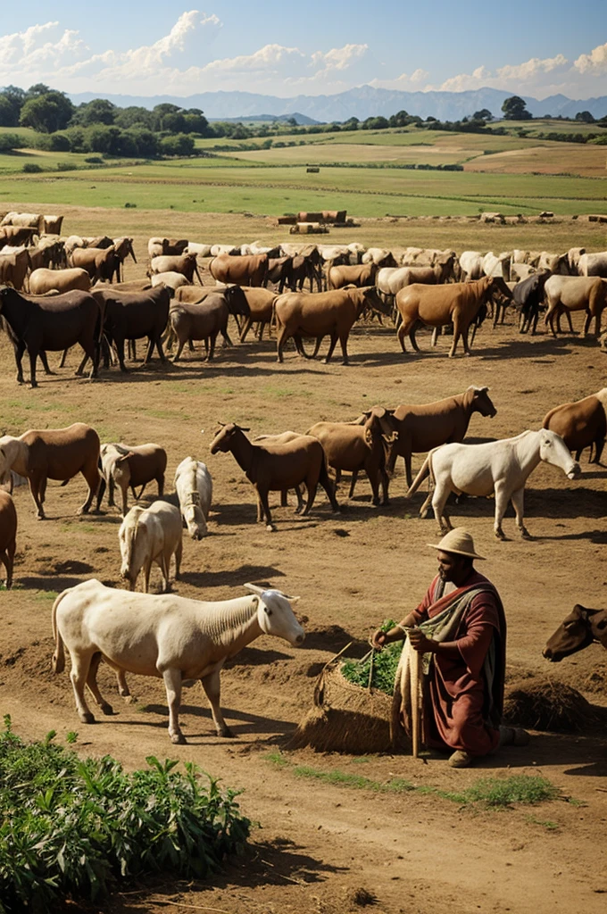Ancient farmers using animals to cultivate the land