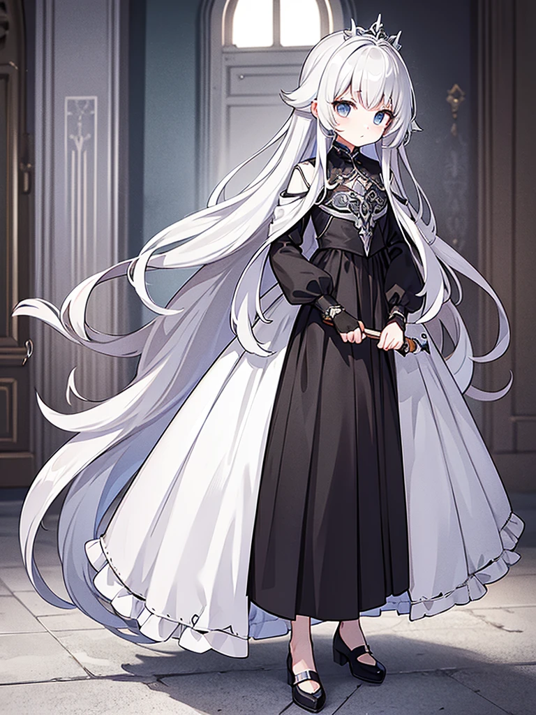 Full-body portrait、Are standing、silver gray hair、Messy hair、Very long hair、Long Hair、Silver-based noble princess outfit、He has a beautiful silver walking stick