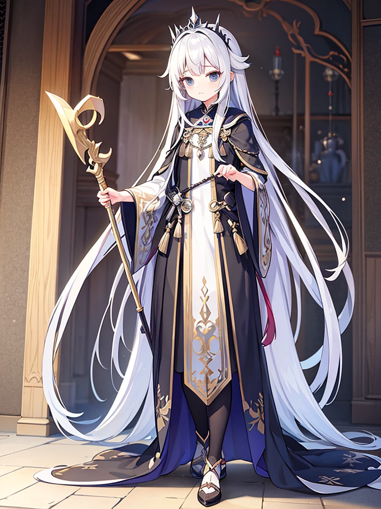 Full-body portrait、Are standing、silver gray hair、Messy hair、Very long hair、Long Hair、Silver-based noble princess outfit、He has a beautiful silver walking stick