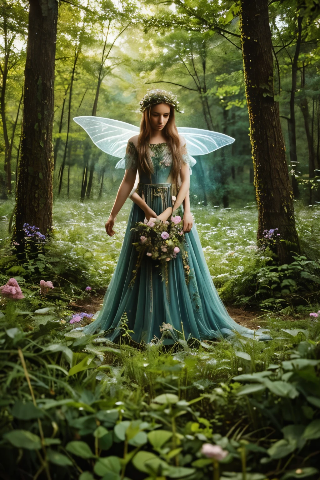 Nature in the form of a forest fairy,sad and with a dress made with plants and many flowers and seeds