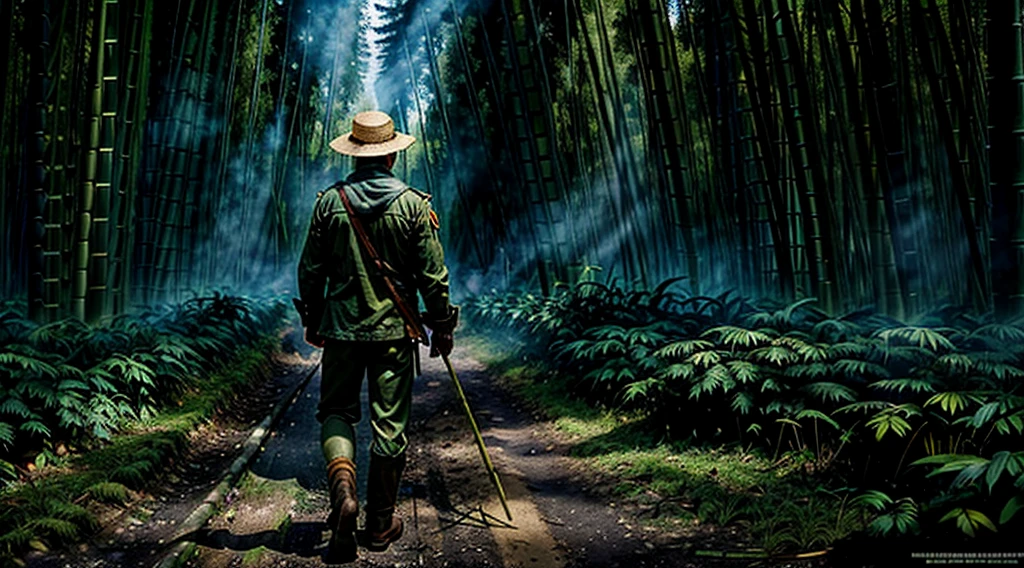 The Captain of the Forest -- closed hunter's jacket, long pants and hunter's boots, with a straw hat, he is wounded and carried by the men who are his henchmen = one on the left side, the other on the right side - - a lot of smoke a- - a lot of smoke - the captain of the forest gets up from the ground - leaving the forest in the background a bamboo grove