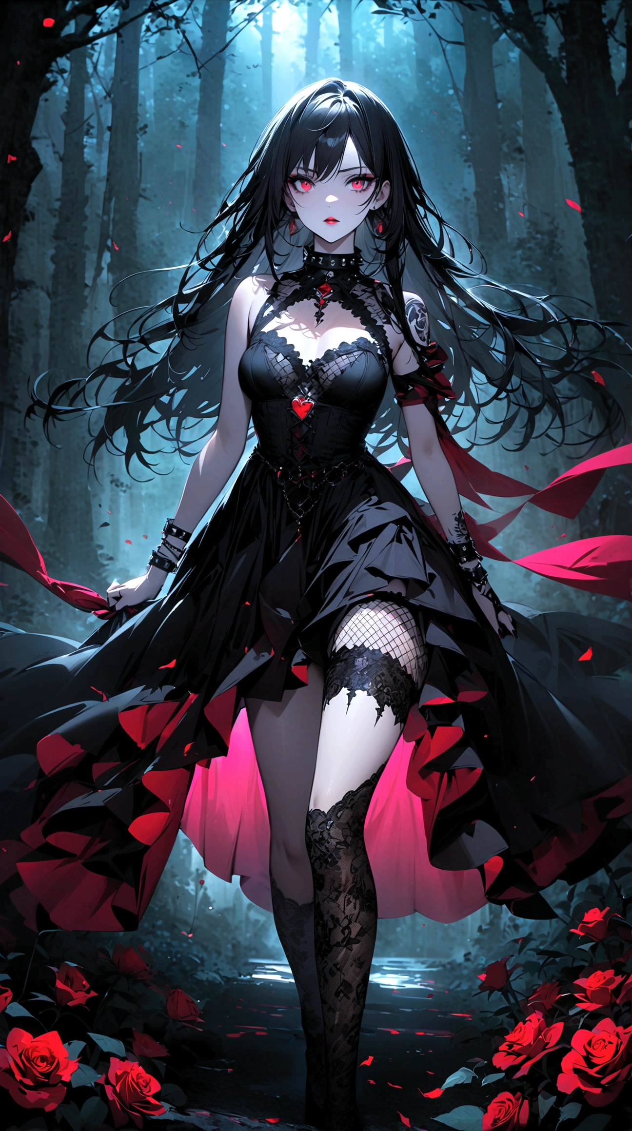 highres, ultra-detailed, (best quality,4k,highres,masterpiece),subdued colors, vivid colors, professional lighting, detailed lips, detailed eyes, goth girl,fishnet stockings on thighs,dark and mysterious scenery,beautiful detailed eyes,long black hair,red lipstick,pale white skin,gothic fashion style,standing in a moonlit forest,with fog swirling around her,moonlight shining through the trees,creating dramatic shadows,gothic jewelry,studded collar and bracelets,dark and edgy makeup,black lace clothing,holding a bouquet of deep red roses,expressing both grace and rebellion,an air of mystery and confidence,an enchanting atmosphere,gothic-inspired tattoos on her arms and legs,dark nail polish,standing with a confident stance,exuding a captivating aura,hauntingly beautiful,embodying a blend of elegance and darkness,uniquely captivating,with an air of melancholy,an ethereal presence,as if she belongs to another world,her eyes reflecting a deep, inner strength