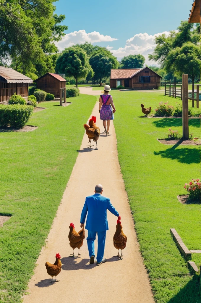 A family rooster walking with his wife the hen and their chicks. Everyone Happy Going to the Park Simple 2D Illustration Bright Colors with High Contrast.