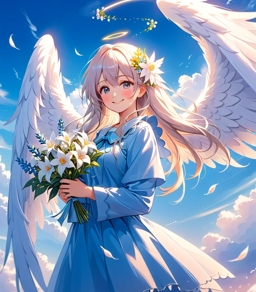 With long hair and white wings、Smiling anime girl holding flowers, of an beautiful Angelic少女, Beautiful angel, guweiz on pixiv artstation, of Beautiful angel, Angelic少女, Digital art on pixiv, Guweiz on ArtStation Pixiv, portrait of a Beautiful angel, Beautiful Anime art, Beautiful Anime, Beautiful Anime artwork, Angelic