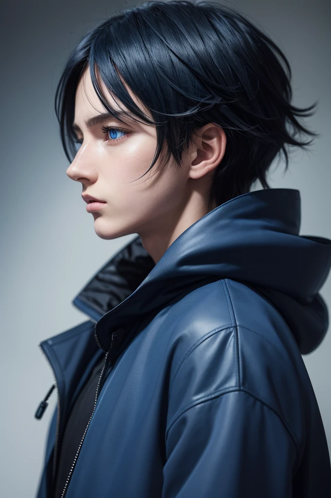 absurdrez, High definition, work of art, super verbose, texture details, clear presentation, HD Details, detailed performance, fine-details, cleary see face, precise restoration, anime boy, realisitic, emo hair, profile face, blue colored eyes, blue coat with hood, SMOOTH FACE, bonitas. adolescent.