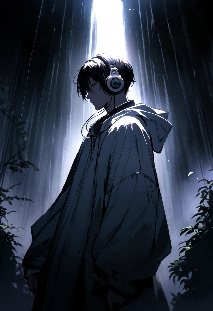In side pose, A mysterious man stands against a dark and eerie background. His white hoodie and mask give him an air of secrecy, His headphones are、It alludes to the music that is with him in this dark world..