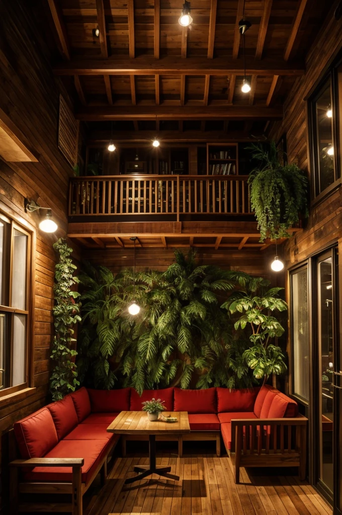 A wooden cafe, with warm lights. Outside windows raining. Fairy light. At the corner have red sofa, a wooden table. On the table have hot coffee and a book. With frames and big green plant at the corner. Have a few wooden tables and chairs too. 