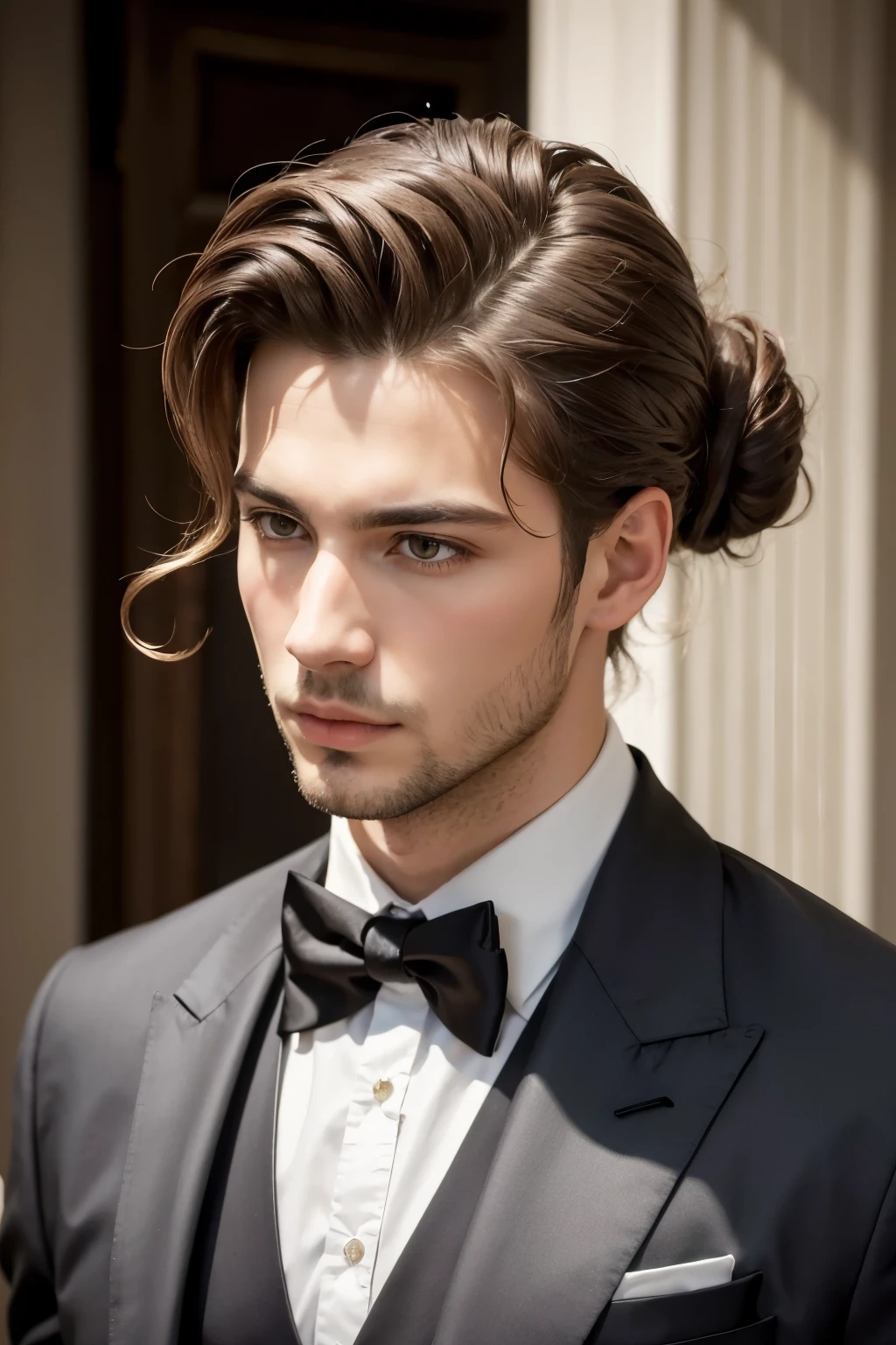 ((best qualityer)), ((work of art)), (detailded), heir, Rico, chic, educated, gentleman, behaved, Light brown bun hair, italian
