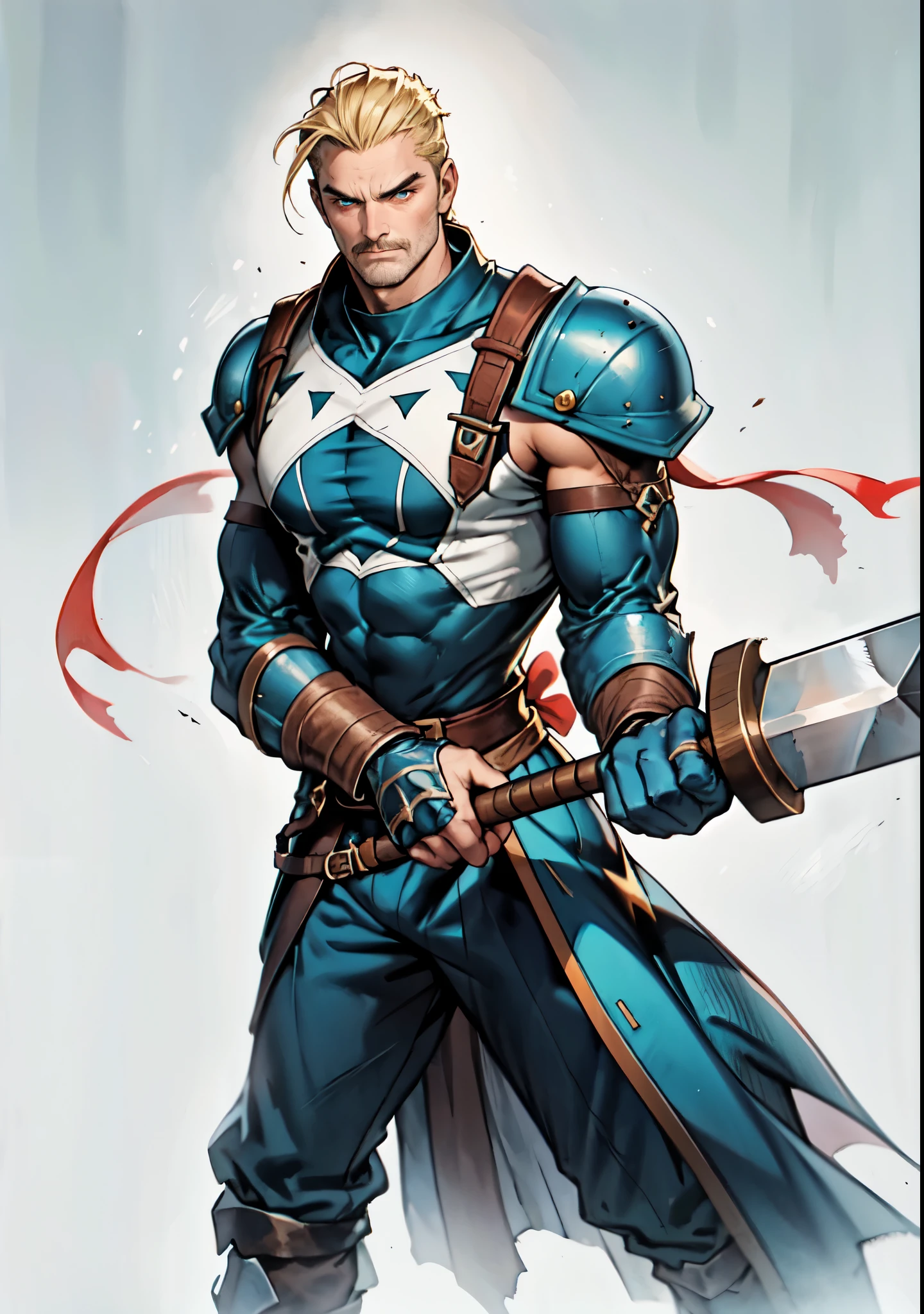 (masterpiece:1.2, best quality, extremely delicate, perspective, foreshortening, dynamic angle), a middle-aged man with slicked-back golden hair, a dignified face, deep eyes, a mustache on his upper lip, a focused expression, tall and muscular, covered in scars, fantasy-reality style warrior leather armor, ribbons tied around his arms, black iron bracers, dark cargo pants, holds a long-handled greatsword with both hands, standing guard in front of a fortress gate, this character embodies a finely crafted fantasy-realist style warrior in anime style, exquisite and mature manga art style, dramatic, high definition, highres, ultra-detailed, ultra-fine painting, professional, perfect body proportions, golden ratio, anatomically correct, symmetrical face, extremely detailed eyes and face, high quality eyes, creativity, RAW photo, UHD, 32k, Natural light, cinematic lighting, masterpiece-anatomy-perfect