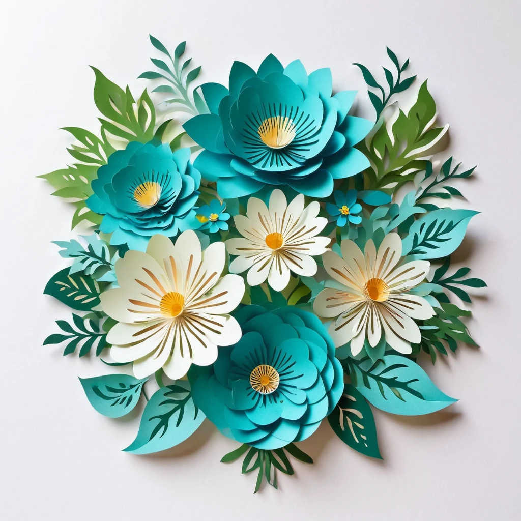 Design illustration of flowers bouquet, on a white background, centered in the scene, flowers with vegetation,frontal view, layeres paper design, kirigami style, detailed folds, color palette: blue, verdigris, #FDFCDC, #FED9B7 and #F07167, natural light, masterful craft, intrincated,4k, sharp focus, perfect paperfold, white background
