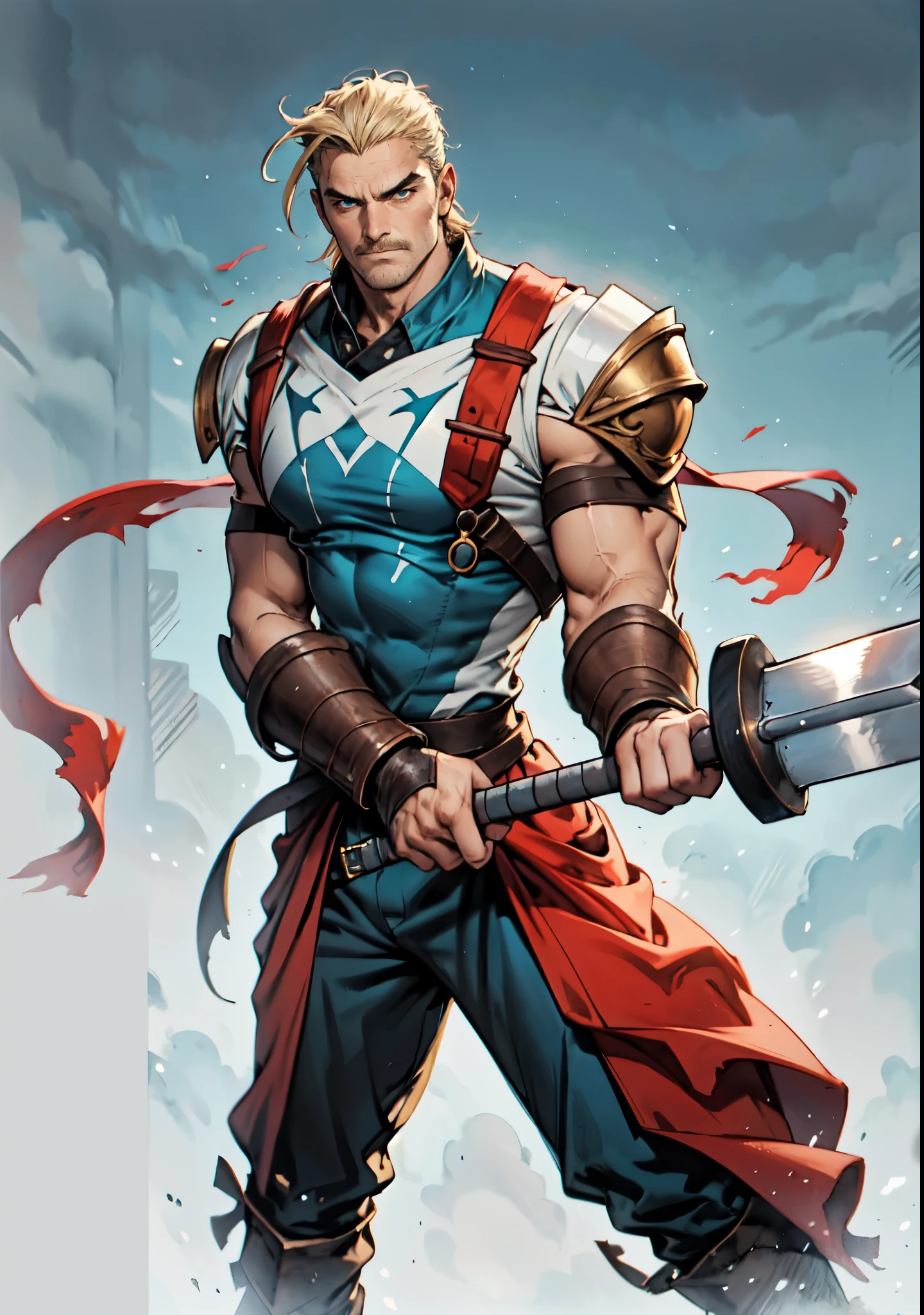 (masterpiece:1.2, best quality, extremely delicate, perspective, foreshortening, dynamic angle), a middle-aged man with slicked-back golden hair, a dignified face, deep eyes, a mustache on his upper lip, a focused expression, tall and muscular, covered in scars, fantasy-reality style warrior leather armor, ribbons tied around his arms, black iron bracers, dark cargo pants, holds a long-handled greatsword with both hands, standing guard in front of a fortress gate, this character embodies a finely crafted fantasy-realist style warrior in anime style, exquisite and mature manga art style, dramatic, high definition, highres, ultra-detailed, ultra-fine painting, professional, perfect body proportions, golden ratio, anatomically correct, symmetrical face, extremely detailed eyes and face, high quality eyes, creativity, RAW photo, UHD, 32k, Natural light, cinematic lighting, masterpiece-anatomy-perfect