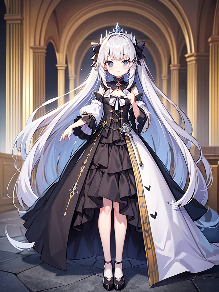 Full-body portrait、Are standing、silver gray hair、Messy hair、Very long hair、Long Hair、Silver-based noble princess outfit、銀色の綺麗なLockの杖を持っている、Lock