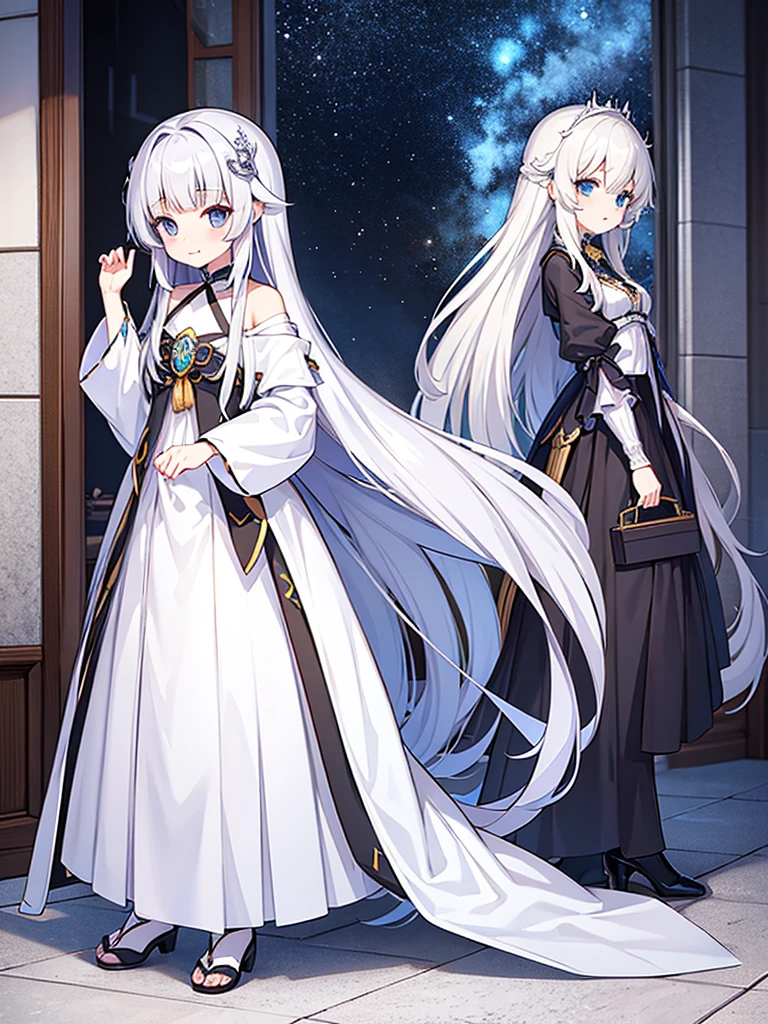 Full-body portrait、Are standing、silver gray hair、Messy hair、Very long hair、Long Hair、Silver-based noble princess outfit、銀色の綺麗なLockの杖を持っている、Lock