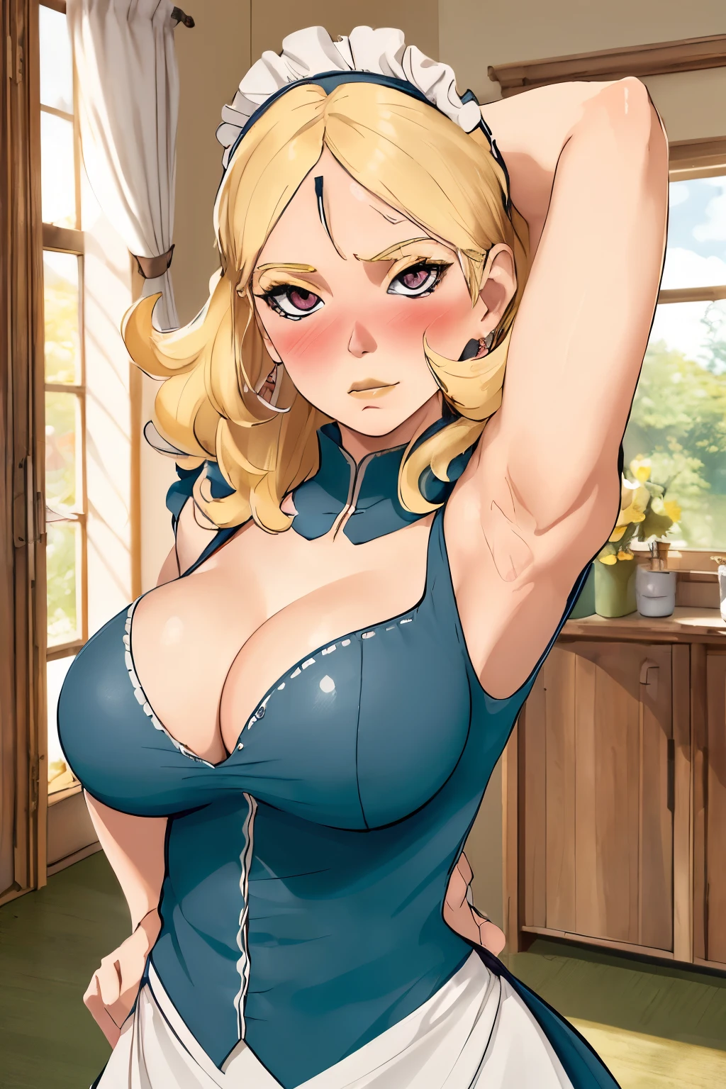 (best qualityer:1.3), (4K quality), Delta, blonde hair, ((face detailed)), ((blush)), (big breasts), ((maid uniform, room)), cleavage, (bare arms), sleeveless, upper body, armpit, arm up, hand on hip