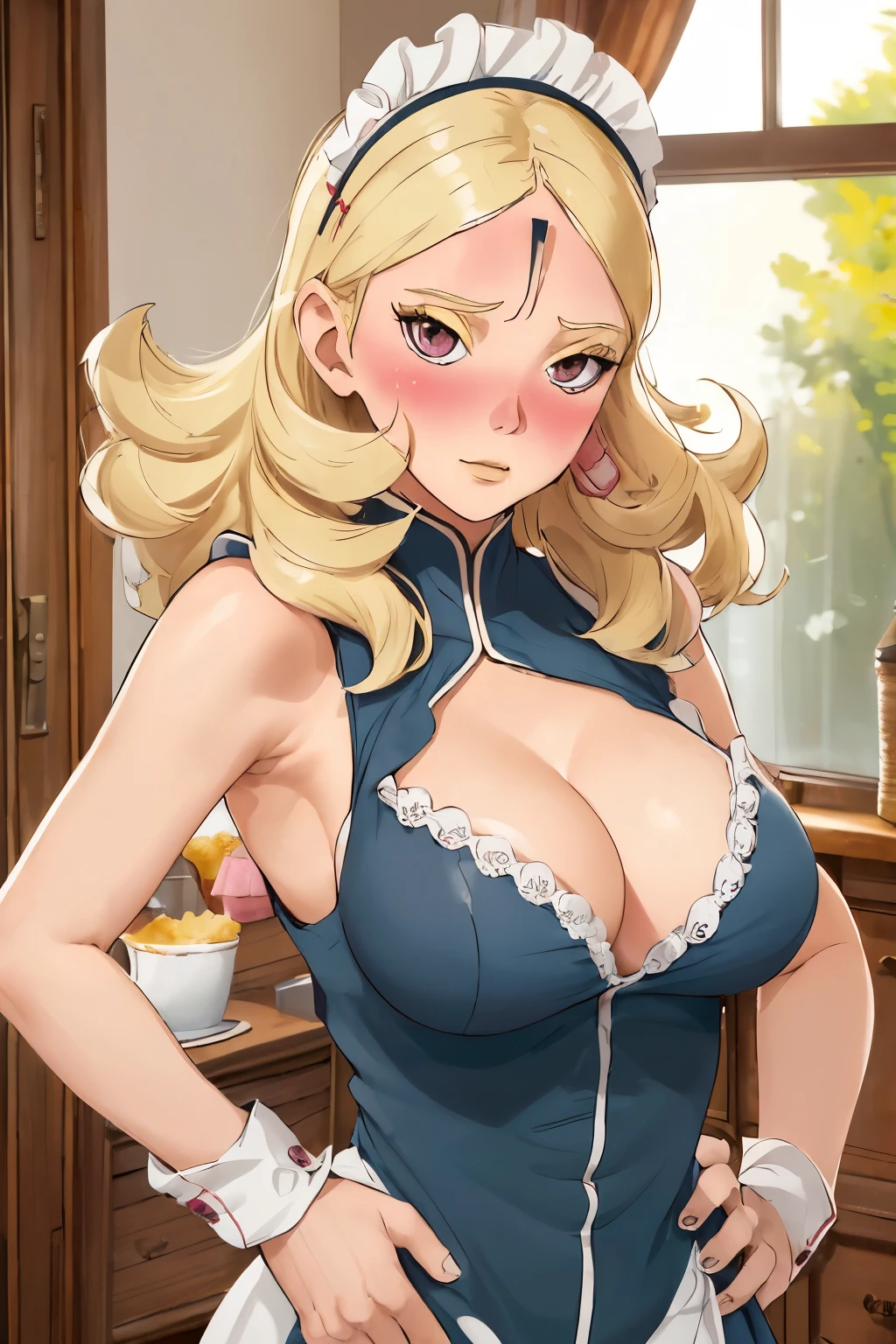 (best qualityer:1.3), (4K quality), Delta, blonde hair, ((face detailed)), ((blush)), (big breasts), ((maid uniform, room)), cleavage, (bare arms), sleeveless, upper body, armpit, arm up, hand on hip