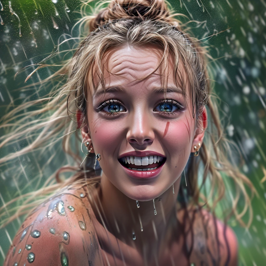 masterpiece of ExtremelyDetailed (ProfessionalPhoto of Stunning women:1.4) Looking at Sky, (((Downpour))), BraidHair with bun, (Joyful Expressions LifeLike Rendering), ((Extremely detailed beautiful face and eyes)) BlushAhegao SmoothArmpit LiquidSoap WhiteBubbles (((WetHair))) BREAK PUNIPUNI ((Britney Spears))britneyspears-smf, Beltbra, MysticSight, (Torrential Rain:1.4) (SparklingDrops:1.28) (Overflowing HUGE Underboob Overflowing WaterDrops Overflowing water)(((WetHair WetFace WetSkin:1.37))), (SFW), HiddenHands, MotionBlur (BokeH:1.4), (no extra limbs), (no extra eyebrow), DynamicAngle
