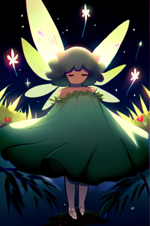 Nature in the form of a forest fairy,sad and with a dress made with plants and many flowers and seeds