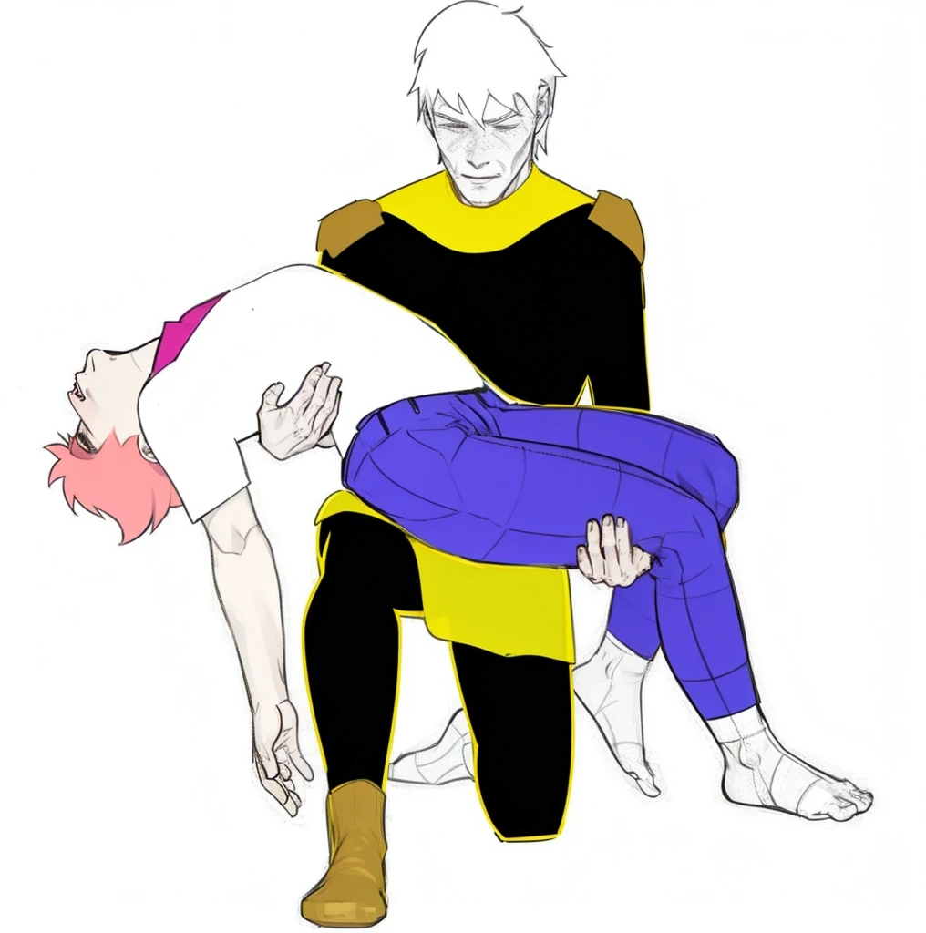 18-year-old man with white hair carries a dead young man with pink hair in his arms  