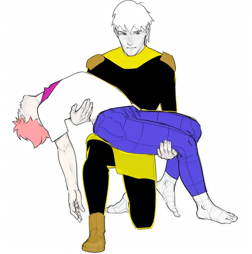 18-year-old man with white hair carries a dead young man with pink hair in his arms