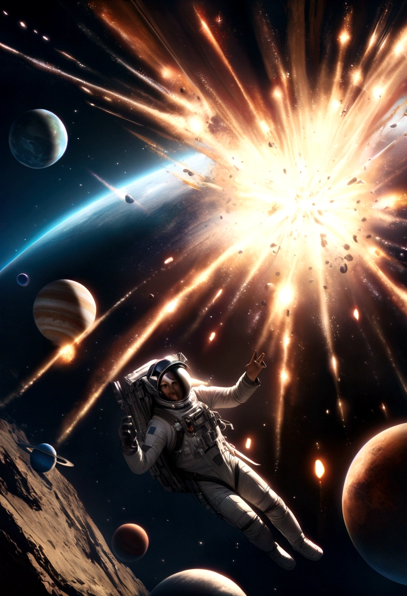 planets exploding in the galaxy and spaceships escaping, realistic, cinematic