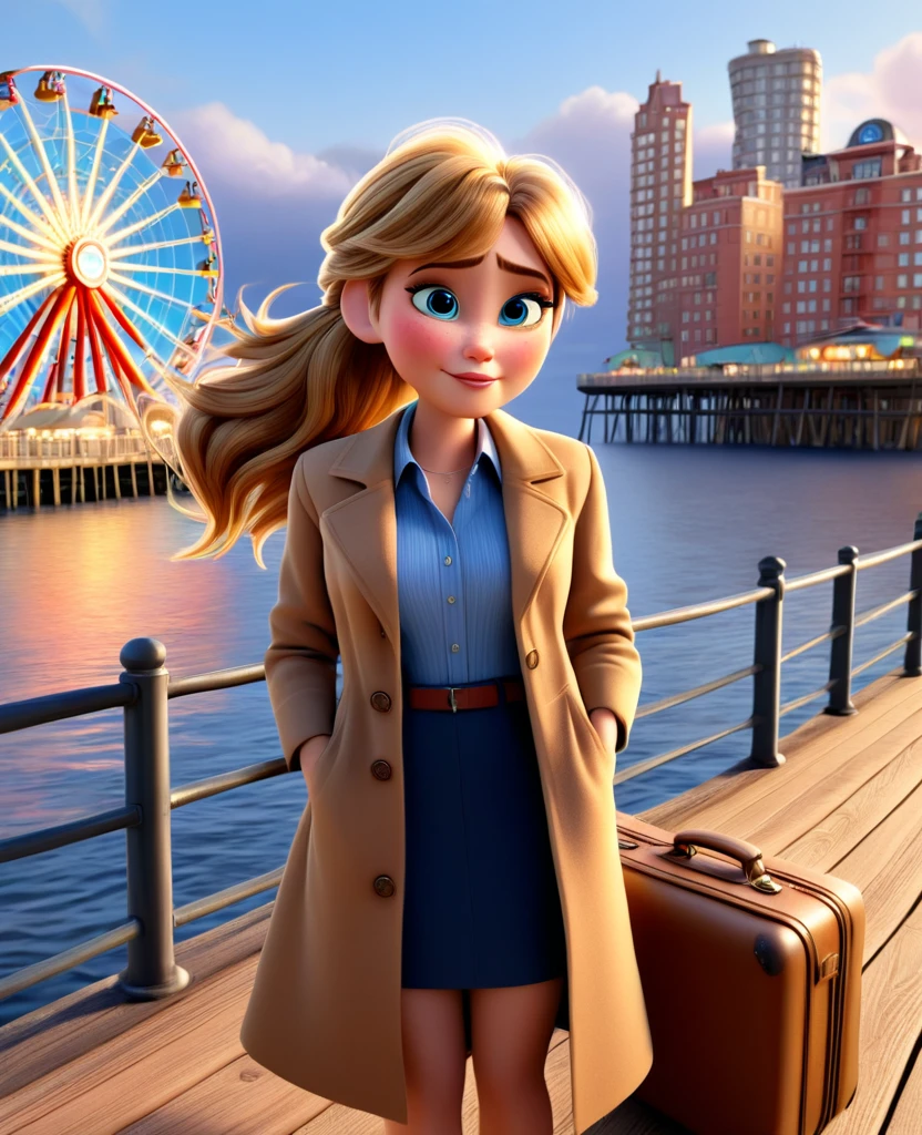 Pixar mom, attractive woman, super high details, erotic, looking at the camera,A blonde haired in a long ponytail sits on a wooden bench and stares into the distance. His outfit consists of a long brown coat, a blue collared shirt, and a brown suitcase hanging under his arm. The background features a Ferris wheel and a pier, with the New York skyline looming in the distance.