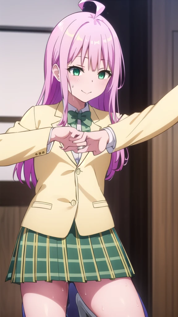 Laladevi Luke, Lara Deviluke, Long Hair, Pink Hair, tail, Ahoge, bangs, hair ornaments, (Green Eyes:1.5), smile,
break , White shirt, (yellow blazer:1.5), blazer, ribbon, green ribbon, Pleats, Pleats skirt, skirt, (green skirt:1.5),短すぎるskirt、Wet costume、濡れている
break indoors, classroom,
break looking at viewer, (Cowboy Shot:1.5),
break (masterpiece:1.2), Highest quality, High resolution, unity 8k wallpaper, (figure:0.8), (beautiful detailed eyes:1.6), extremely detailed face, Perfect lighting, extremely detailed CG, (Perfect hands, Perfect Anatomy),Plump body、Naughty smile、Wet costume、Squatting with legs apart、blush、Sweaty、Transparent nipples、Nipple erection