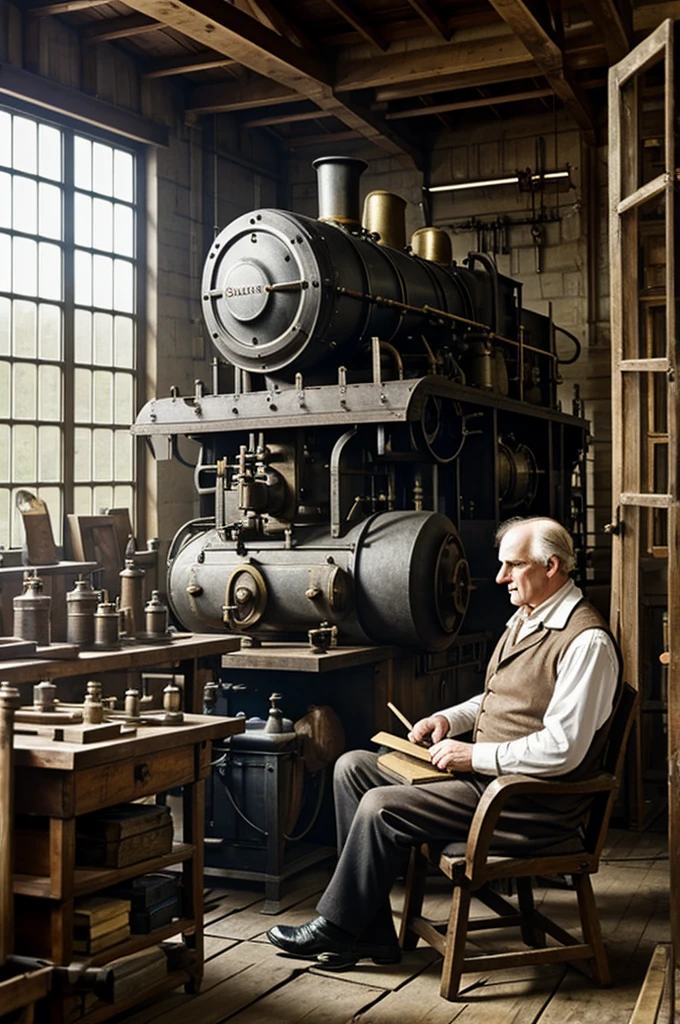 James Watt working on a steam engine in his workshop.