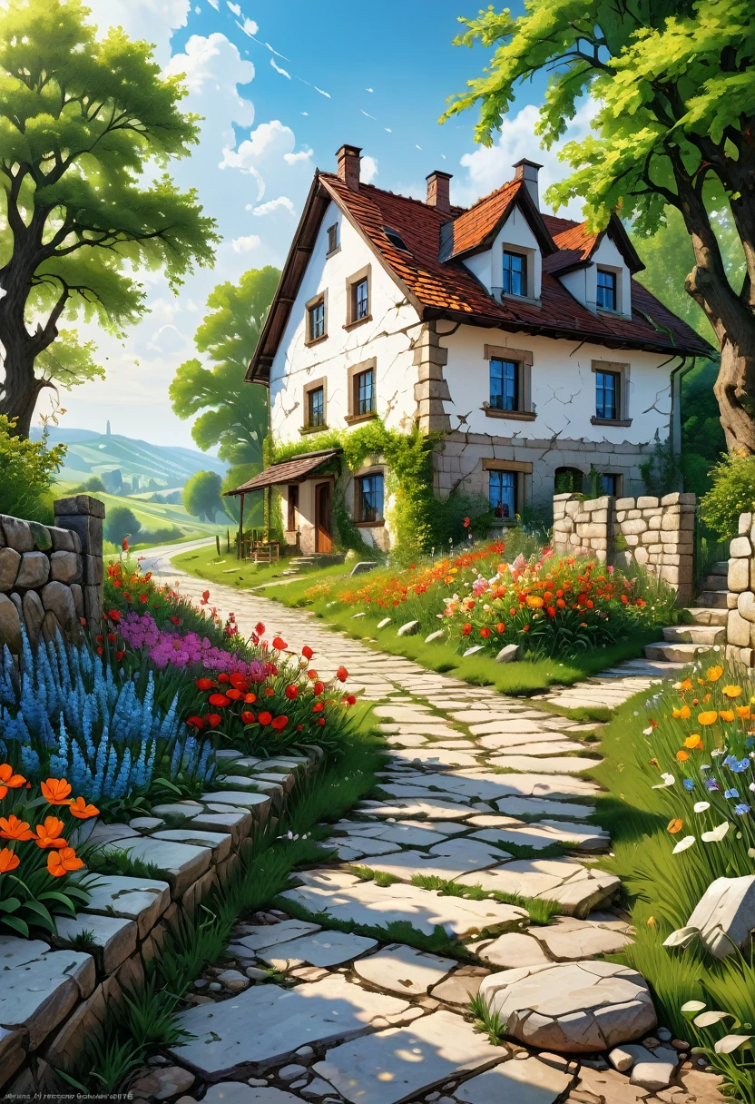 (masterpiece), best quality, hyperrealistic springtime blooming next to the road, rubble of an old white masonry house, cracked an, bussiere rutkowski andreas rocha, meadows in the background, digital painting highly detailed, highly detailed 8k, highly detailed water colour 8 k, highly detailed digital painting, by Trevor Brown, by Altoon Sultan, 8k)), immensely detailed scene,vibrant colors, high saturation, high contrast, high resolution artwork,sharp focus,HDR,8k