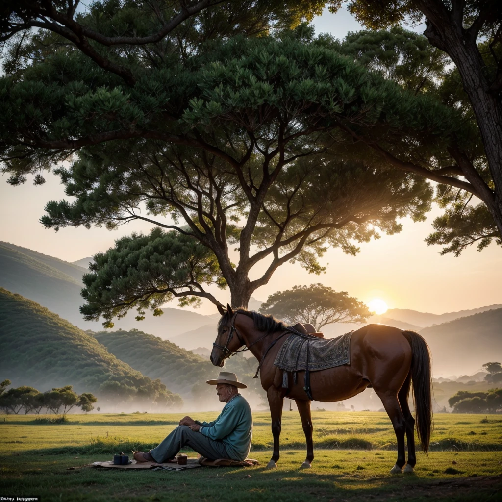 Nomadic elderly man resting against his horse under a tree in Serra da Matiqueira at sunrise