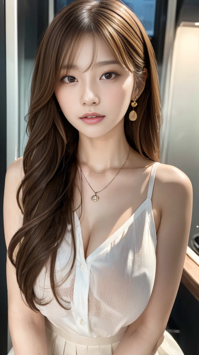 Ultra-high resolution, Superior Quality, Highest quality, Very detailed, Realistic, 8K, RAW Photos, Highest quality, masterpiece, Attractive girl, Awesome girl, Light brown hair、Wavy Hair、 hairstyle semi long、Mesh Hair, Japanese Idols, ear piercing、Necklace around the neck、sexly
