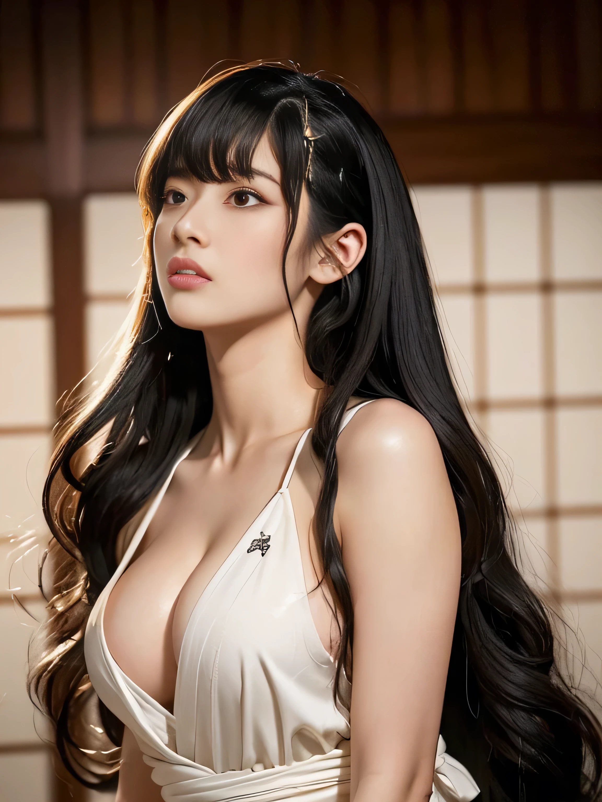 (Chest Up Shot:1.1) (She randomly swayed back on the tatami mats of a formal Japanese-style room.:1.4) ((She is wearing a formal kimono with a black and white color scheme.!!!)) (She is perfect gorgeous hairpin:1.8) (She looks at the viewer and gives the most sexy look) ((The expression of a girl who has reached a very orgasmic climax because of masturbation:2.0)) ((Highest quality)), ((masterpiece)), (Family Friendly), (Get used to it) ((Big Breasts)) ((Her hair is in loose waves:1.4)) ((She sir々Has a hairstyle)) (Her hair is pitch black!!!) ((Her bangs are neatly trimmed and straight down.:1.3)) (Very long hair Up to the ankle!!!!! Highest quality Attention to detail Very long hair Up to the ankle!!!!! Very long hair!!!!! It lasts forever!!!!! Flowing Hair Very shiny and thick hair Abnormally long hair!!!!! It lasts forever!!!!! Flowing Hair on both ends!!!!! Very long hair!!!!! Up to the ankle!!!!! Very long hair!!!!! Up to the ankle!!!!! Thick and shiny hair Very free hair Abnormally long hair!!!!! Beautiful silky hair Beautiful and shiny hair Beautiful and shiny hair Beautiful silky hair Very long hair Up to the ankle!!!!! Very long hair!!!!! Very long hair!!!!!) (Japanese Solo Photos'The most beautiful 24-year-old kimono model) Perfect Female'face (She has a typical Japanese build and skin color..., Her skin is very high quality and ultra high definition.、very beautiful and glowing skin) (Her face is dignified and sexy)(She applied sexy makeup with the help of a professional makeup artist...... Lipstick is bright red!!! The eyeliner is a beautiful black) (She has a typical Japanese build and skin color Her skin is very delicate and sensitive..、and、Such beautiful and radiant skin) ((Her face shape is thinner than average:1.6)) ((Her eye width is larger than average:1.6)) ((Her eyes are wider than average:1.6)) ((Rich 1.4)) (Extremely detailed 8K) (Ultra-fine skin texture 1.4) (Now, Vibrant:1.4), Sharp focus:1.2、Beautiful woman:1.4 Dynamic Lighting (Genuine RAW photos taken by professional photographers) very beautiful and glowing skin) (Surreal photos by professional photographers :1.2) (Very long hair Up to the ankle!!!!! Highest quality Attention to detail Very long hair Up to the ankle!!!!! Very long hair!!!!! It lasts forever!!!!! Flowing Hair Very shiny and thick hair Abnormally long hair!!!!! It lasts forever!!!!! Flowing Hair on both ends!!!!! Very long hair!!!!! Up to the ankle!!!!! Very long hair!!!!! Up to the ankle!!!!! Thick and shiny hair Very free hair Abnormally long hair!!!!! Beautiful silky hair Beautiful and shiny hair Beautiful and shiny hair Beautiful silky hair Very long hair Up to the ankle!!!!! Very long hair!!!!! Very long hair!!!!!)