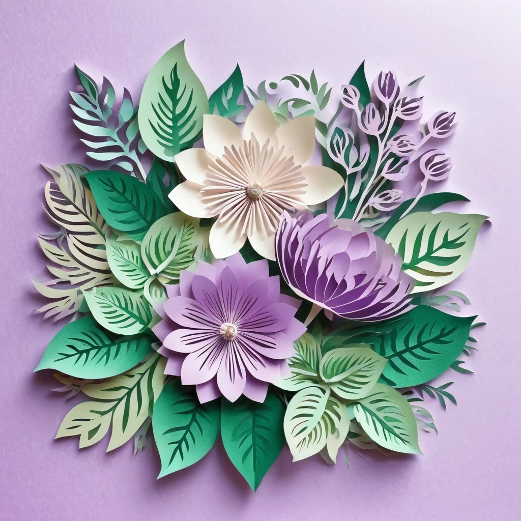 Design illustration of flowers bouquet, on a white background, centered in the scene, flowers with vegetation,frontal view, layeres paper design, kirigami style, detailed folds, color palette: lilac, verdigris, #FDFCDC, #FED9B7 and #F07167, natural light, masterful craft, intrincated,4k, sharp focus, perfect paperfold, white background