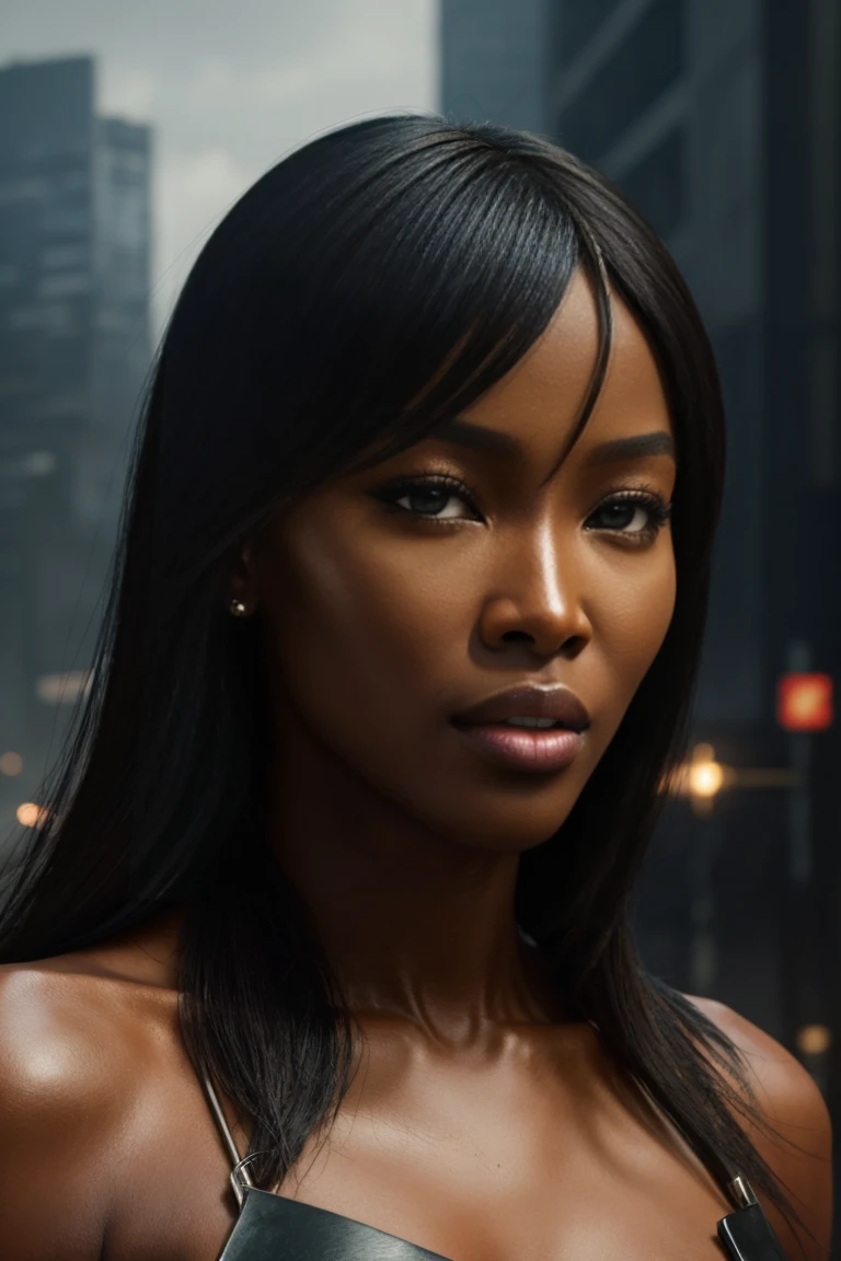 Hyperrealistic close-up photo of Naomi Campbell, Masterpiece, Best Quality, (photorealistic:1.4), Create dystopian Masterpieces. Depicts the cityscape in the bold style of the game's concept art.. This work should evoke a feeling of abandonment and despair in a futuristic environment., post-apocalyptic world. Notice the intricacies of the detail., The sharp focus.