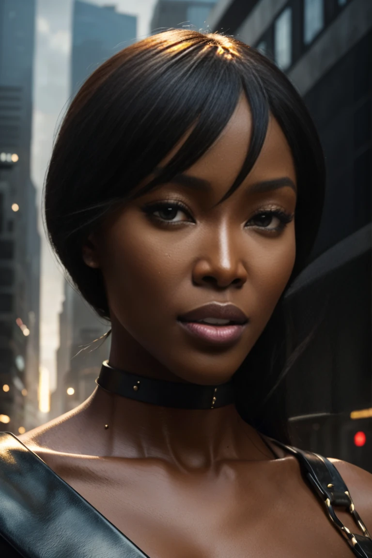 Hyperrealistic close-up photo of Naomi Campbell, Masterpiece, Best Quality, (photorealistic:1.4), Create dystopian Masterpieces. Depicts the cityscape in the bold style of the game's concept art.. This work should evoke a feeling of abandonment and despair in a futuristic environment., post-apocalyptic world. Notice the intricacies of the detail., The sharp focus.