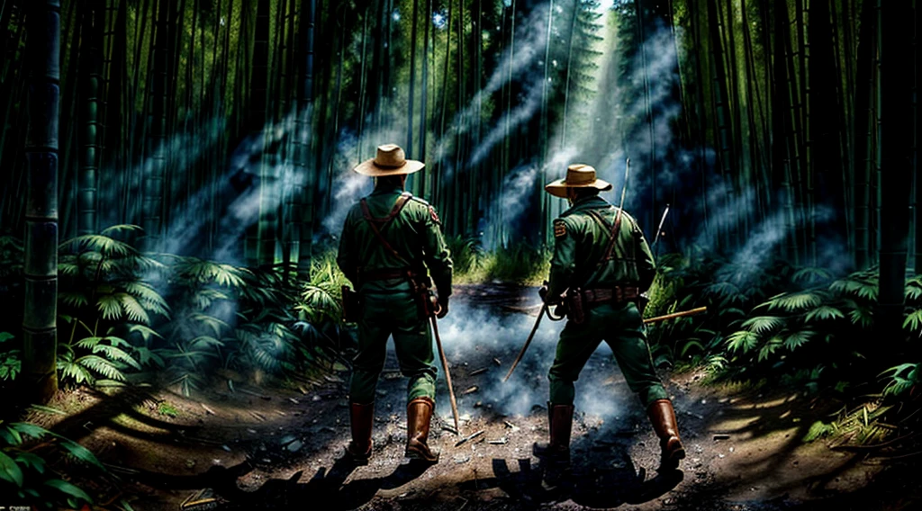 The Captain of the Forest -- closed hunter's jacket, long pants and hunter's boots, with a straw hat, he is wounded and carried by the men who are his henchmen = one on the left side, the other on the right side - - a lot of smoke a- - a lot of smoke - the captain of the forest gets up from the ground - leaving the forest in the background a bamboo grove