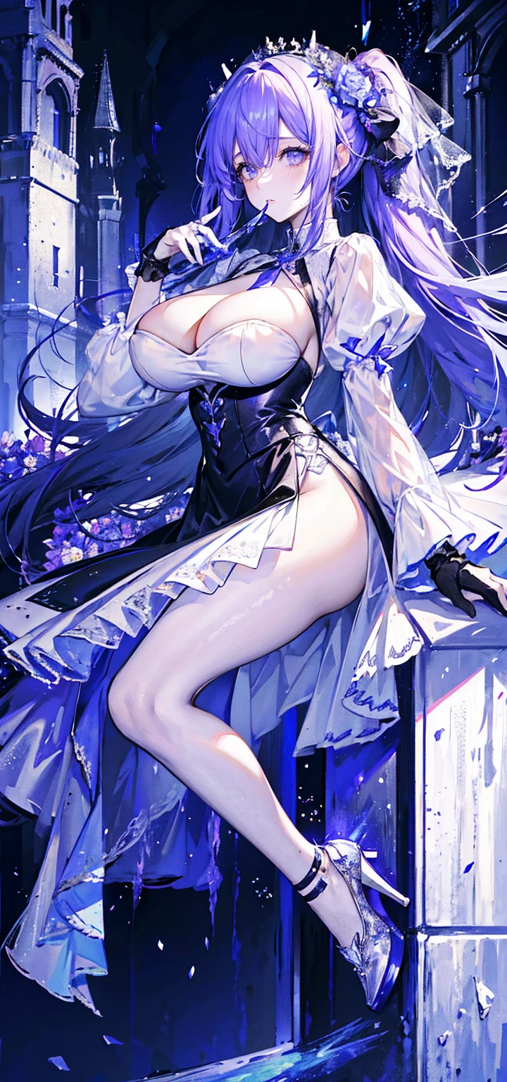（（masterpiece：1.4，best quality）），（Super detailed），（Extremely detailed eyes），（Shiny socks：1.5），Hello Darkness
（Cute girls），，（Blood-red pupils，Diamond-shaped pupil：1.15），Purple Eyeshadow，（elongated hair，Thick hair，Single ponytail，shiny hair：1.5）（Changes through：1.2），despair，sad，Empty eyes，tears streaming down my face，tilting its head to the side，
（She wore a blue dress，：1.5），（Black gloves：1.4）Very long plush sleeves，White，White Cloud，Dream bubbles ，Ice and glitter effects
（Black long skirt：1.1），
（（Starry Sky：1.2）），
（Intense black and white：1.16），（Depth of Field：1.4），，Intricate details，(((Detailed background，Castle in the Sky，Purple flowers by the lake)))，(((Huge breasts，Bare breasts，Deep cleavage，White stiletto high heels，Transparent clothes)))