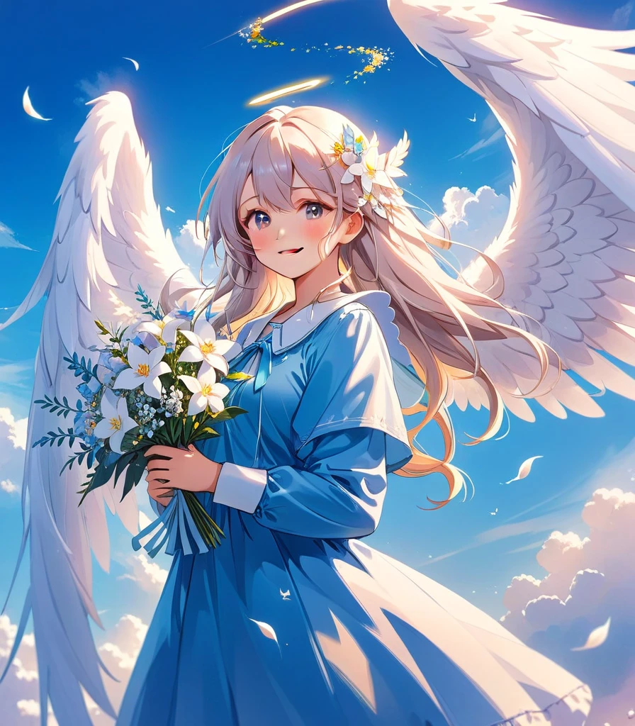 With long hair and white wings、Smiling anime girl holding flowers, of an beautiful Angelic少女, Beautiful angel, guweiz on pixiv artstation, of Beautiful angel, Angelic少女, Digital art on pixiv, Guweiz on ArtStation Pixiv, portrait of a Beautiful angel, Beautiful Anime art, Beautiful Anime, Beautiful Anime artwork, Angelic