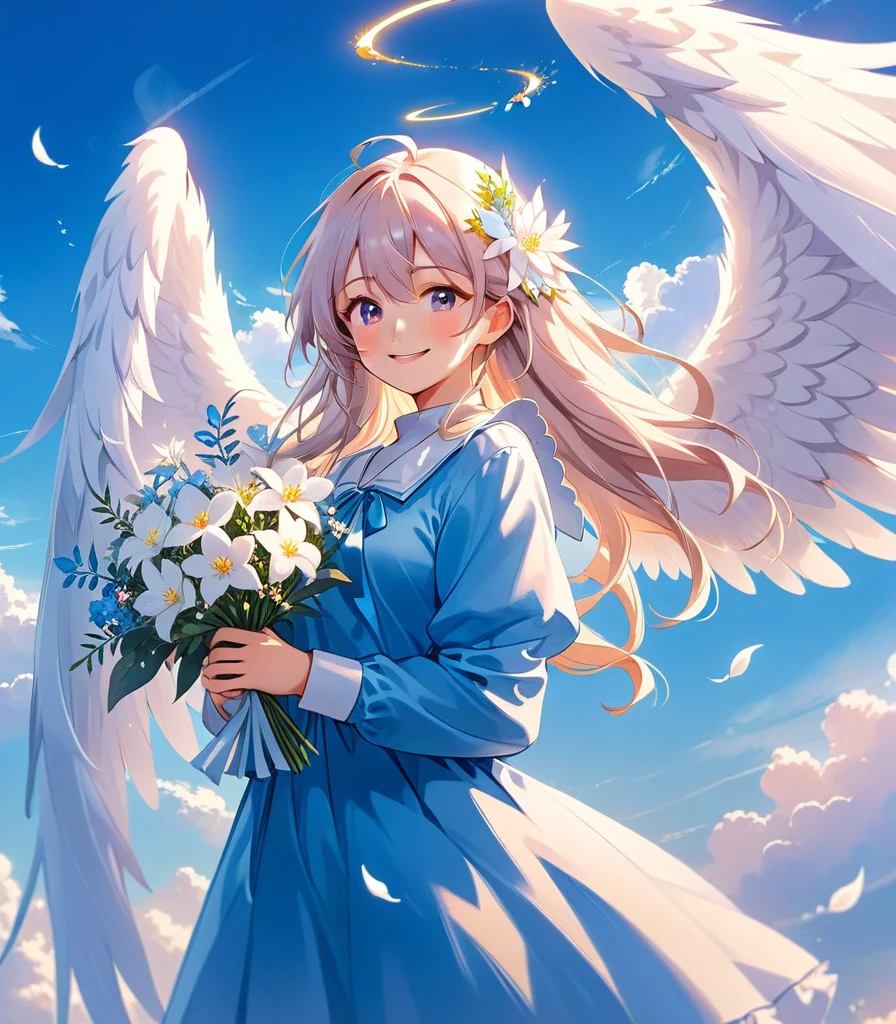 With long hair and white wings、Smiling anime girl holding flowers, of an beautiful Angelic少女, Beautiful angel, guweiz on pixiv artstation, of Beautiful angel, Angelic少女, Digital art on pixiv, Guweiz on ArtStation Pixiv, portrait of a Beautiful angel, Beautiful Anime art, Beautiful Anime, Beautiful Anime artwork, Angelic