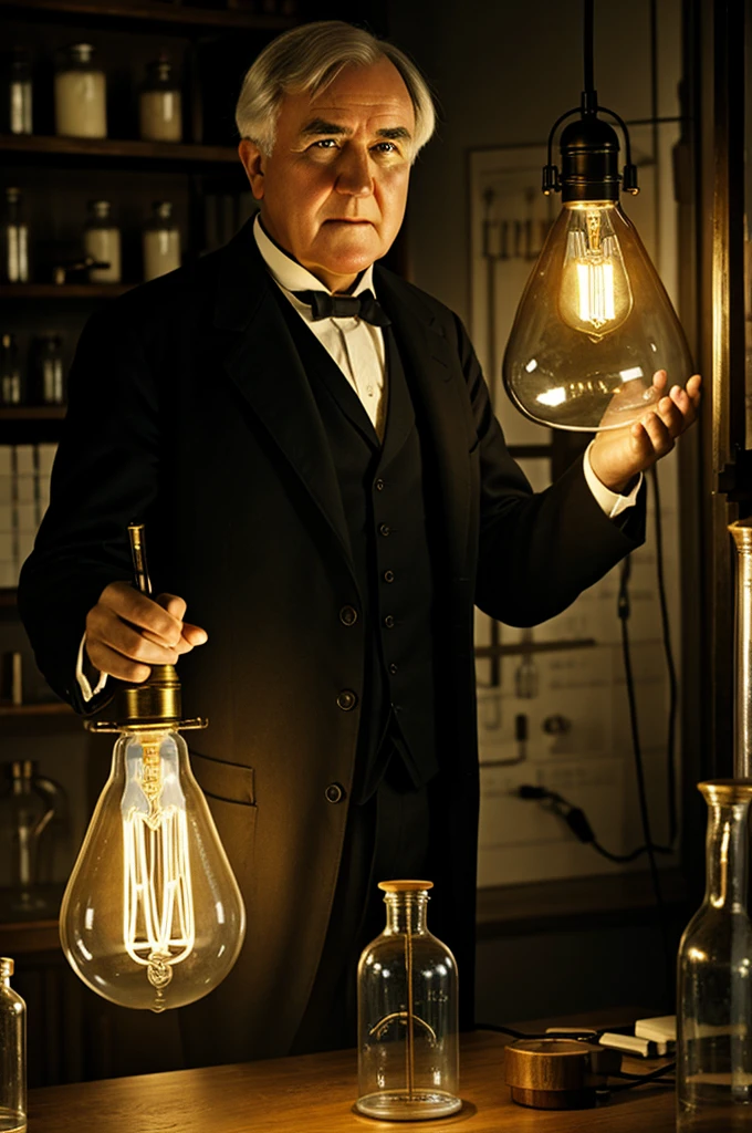 Thomas Edison demonstrating the electric light bulb in his laboratory.
