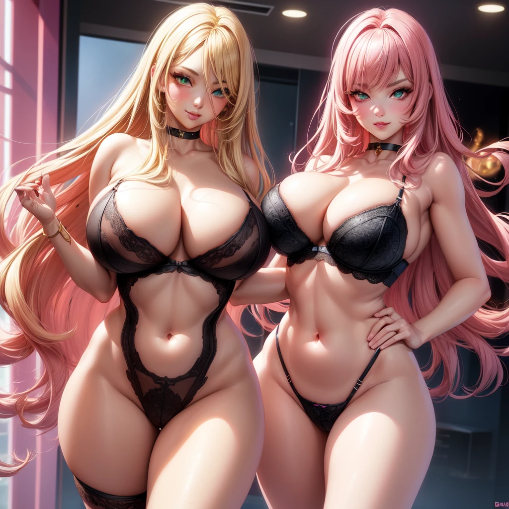 ((1 girls), solo, Big round breasts, thighs, hips, realistic, pink hair, blonde hair, light green eyes, lip gloss, detailed face, amazing big eyes, eye details, big lips, eyebrow details, blush, confident, dominant, bdsm, smirk, naughty, mischevious face, HD, good quality, curvy, standing up, thick thighs, attractive, amazing body, perfect body, slim thick, lingerie, salon