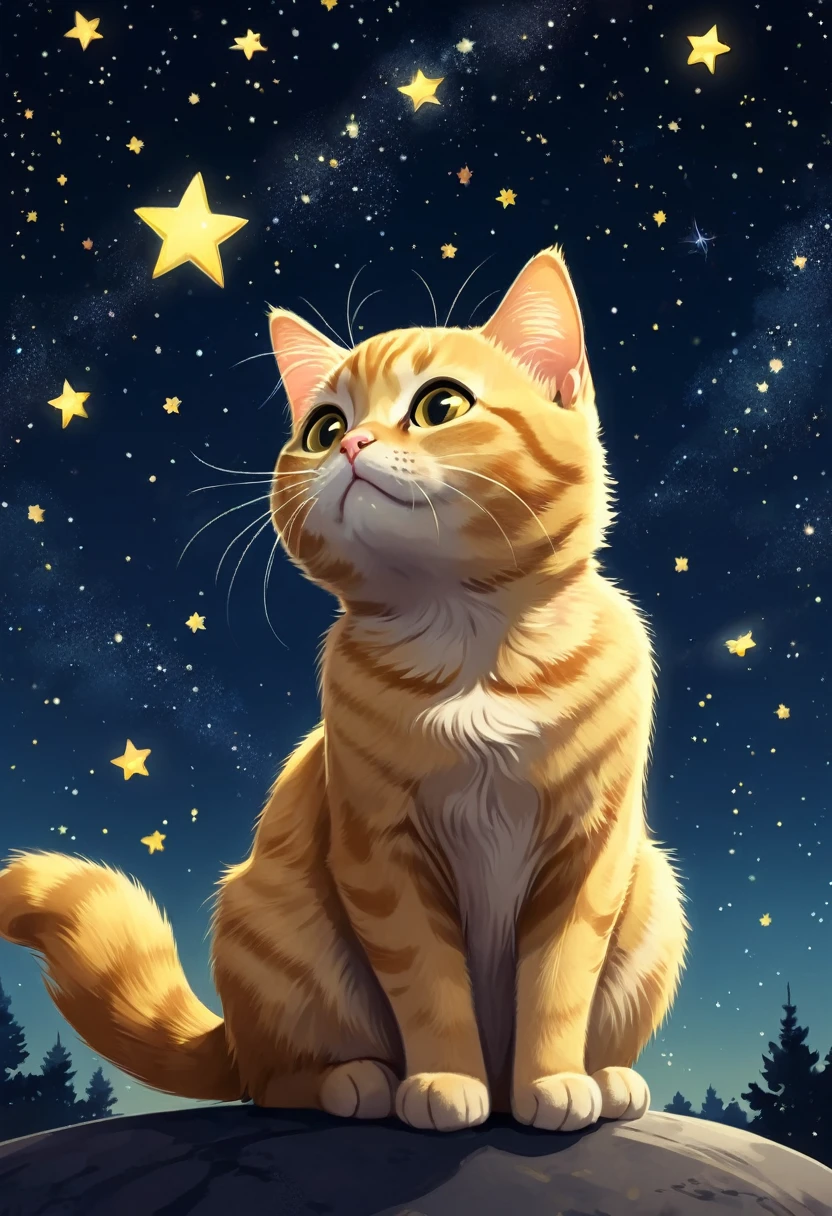 A cute yellow cat is sitting and looking up at the night sky. There are tons of stars twinkling in the sky.