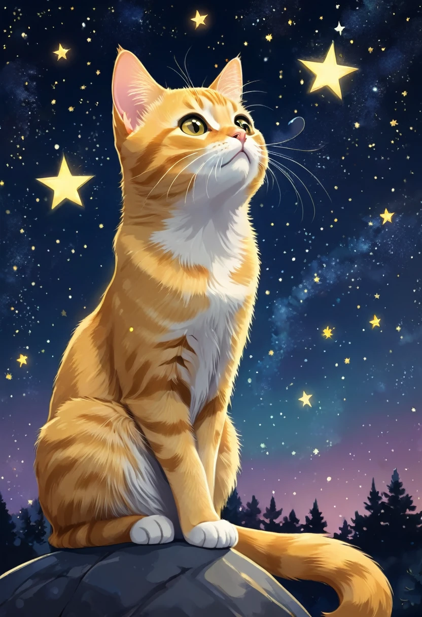 A cute yellow cat is sitting and looking up at the night sky. There are tons of stars twinkling in the sky.