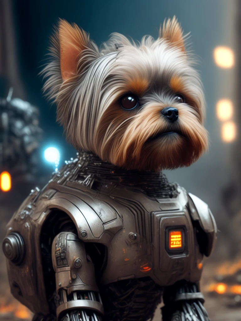 Yorkshire terrier (robot) Dogs are messengers of destruction, realistic scifi cyberpunk power armor robot, Close-up portrait