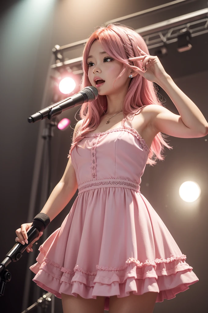  brown-eyed, pink-haired with a dress that sings