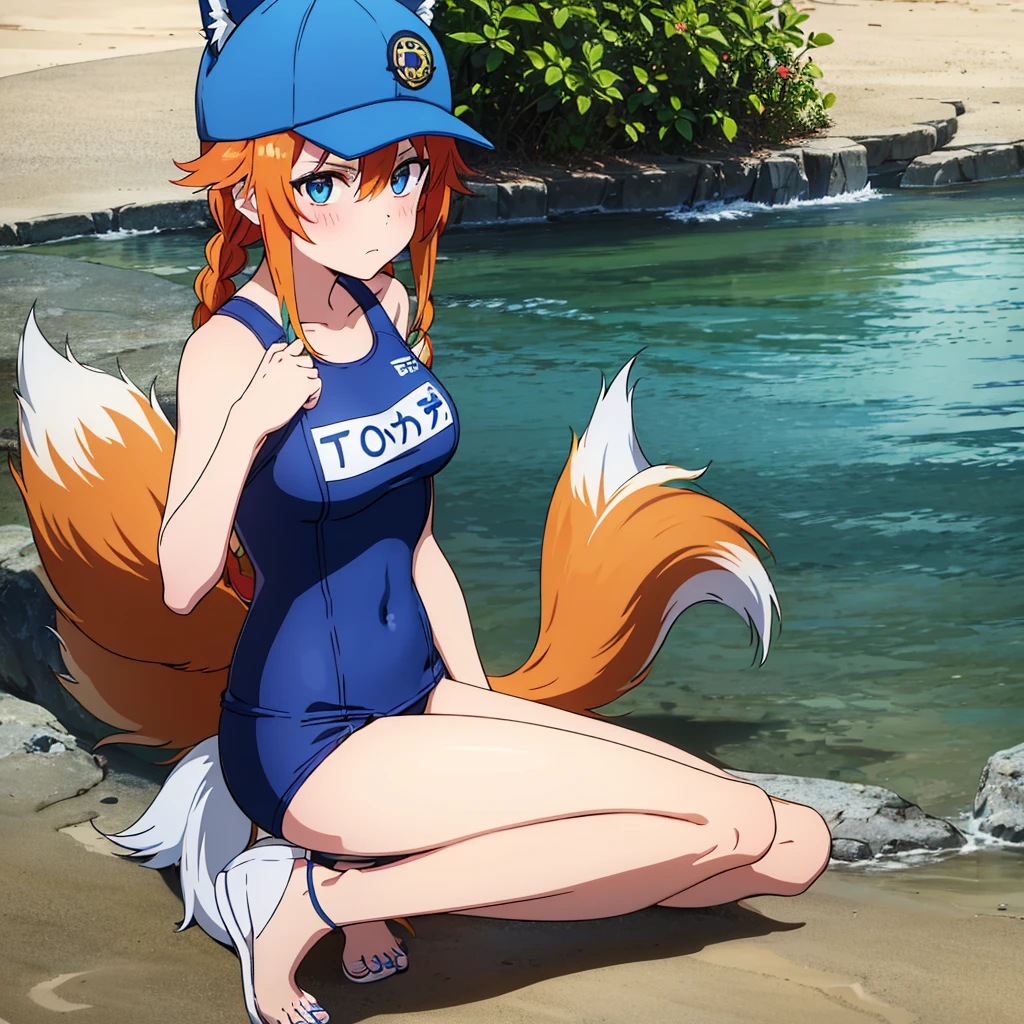 1girl, teenage, (animal ears), straight-on, full body, looking at viewer, hair between eyes, hair ornament, multicolored hair, twin braids, fox tail, (multiple tails:1.3), badge, bangs, (blue baseball cap:1.2), sporty swimsuit, closed mouth, (blue swimsuit:1.05), solo, (light blush:0.9), ferrybase