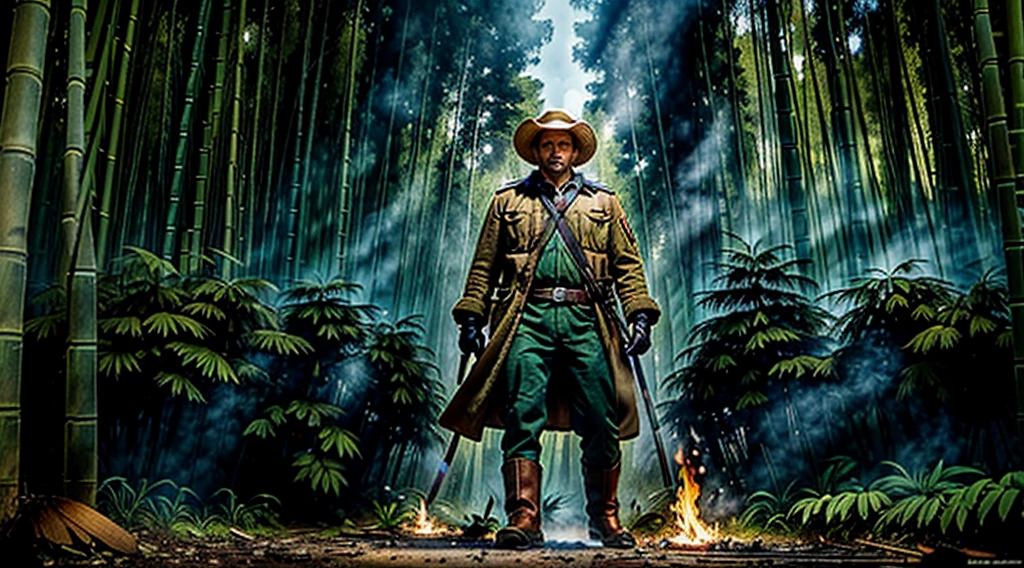 The Captain of the Forest -- closed hunter's jacket, long pants and hunter's boots, with a straw hat, he is wounded and carried by the men who are his henchmen = one on the left side, the other on the right side - - a lot of smoke a- - a lot of smoke - the captain of the forest gets up from the ground - leaving the forest in the background a bamboo grove